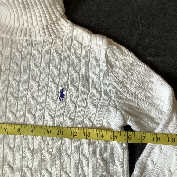 Ralph Lauren Sport CowlNeck Sweater Women Med. White Cable Knit Pullover Cotton - Picture 9 of 12